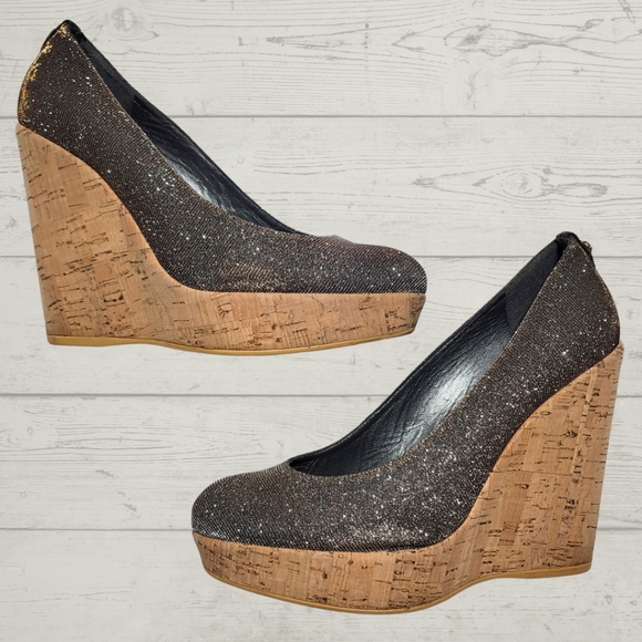 Stuart Weitzman Corkswoon Glitter Wedge Heels - Picture 2 of 11